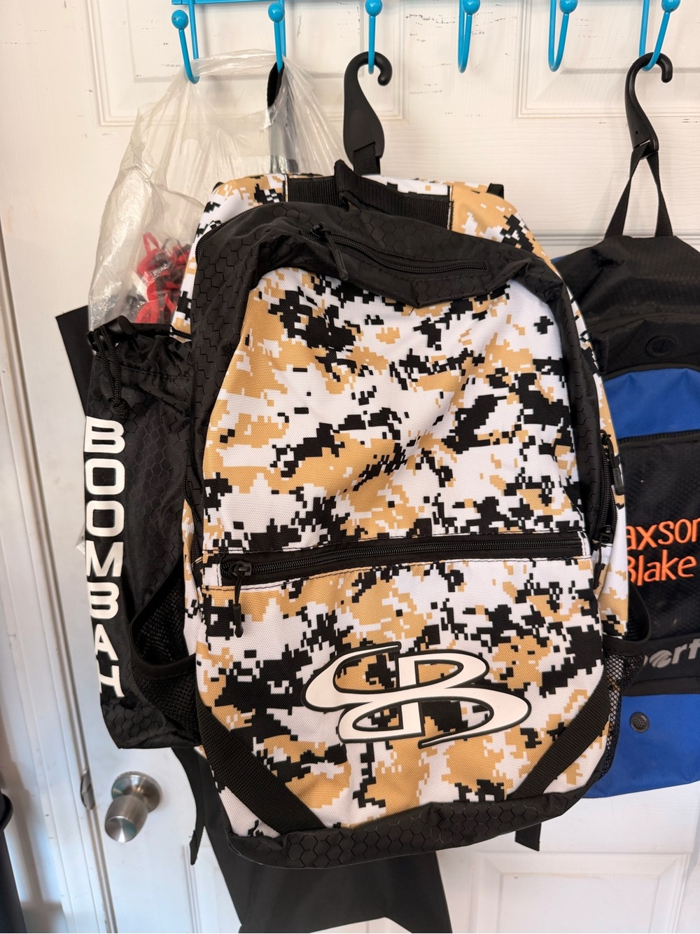 Boombah baseball bat bag Camouflage Digital Backpack in White, Tan, and Black